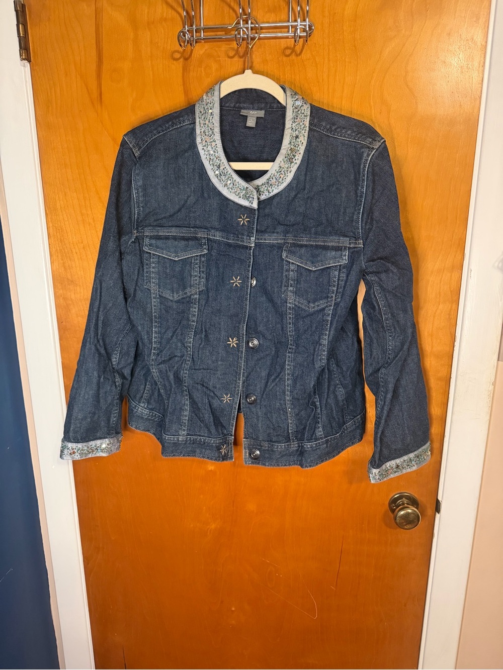 J. Jill Dark Blue Denim Jacket with Beaded Floral Trim